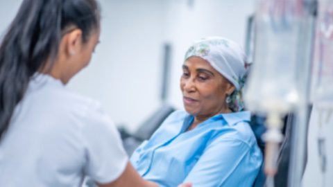 Cancer patient is receiving medical therapy (chemotherapy).