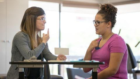 Speech language pathologist provides speech language therapy services to patient.